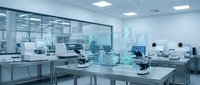 Modern laboratory interior with advanced scientific equipment and workstations for research and analysis in sterile white environment.