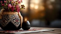 Pink flowers in ornate ethnic vase with burning candle on traditional rug, creating cozy atmospheric home decor against dark moody background.