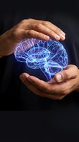 Protective hands surrounding glowing digital brain with neural networks representing mental health care, neuroscience research and cognitive protection concepts.