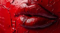 Extreme close up of glossy red lips with wet effect makeup and artistic paint splatter texture creating dramatic beauty look for cosmetic advertising.