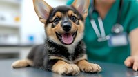 Happy Pembroke Welsh Corgi puppy at veterinary clinic shows excitement during health checkup, veterinarian in scrubs visible in background.