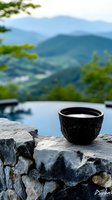 Cup of hot beverage on stone wall overlooking misty mountain landscape and infinity pool, serene morning atmosphere with natural scenic view in background.