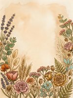 Vintage botanical frame with lavender, roses, wheat, and wildflowers on aged parchment background. Isolated design element suitable for invitations, stationery, and decorative projects.