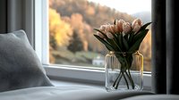 Fresh tulips in glass vase on windowsill with autumn landscape view, home decor and interior design element for residential spaces.
