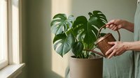 Woman hands watering green monstera deliciosa houseplant in ceramic pot by window. Indoor gardening and plant care routine for home decoration.