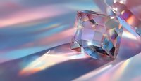 Crystal clear diamond with rainbow light refraction creating prismatic spectrum effects on glossy surface for luxury jewelry and gemstone concepts.