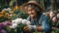 Senior woman with gray hair wearing straw hat and blue shirt gardening with colorful flowers in sunny garden. Elderly female gardener tending to blooming plants outdoors.