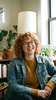 Happy young Caucasian woman with curly hair and glasses laughing in cozy home office with plants and natural light streaming through window.