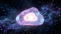 Digital cloud computing technology with glowing neon circuits and data streams on dark background for tech presentations and cybersecurity concepts.