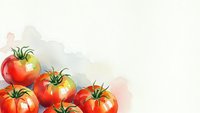 Watercolor fresh red tomatoes with green stems arranged in corner composition on light background for culinary designs and healthy food concepts.