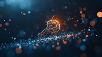 Glowing key silhouette on dark background with blue and orange bokeh lights creates magical atmosphere. Digital security and access concept for business solutions.