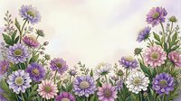 Watercolor floral border with purple, pink, and white wildflowers on a soft pastel background, perfect for greeting cards and invitations.