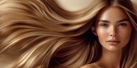 Young woman with flowing caramel blonde hair against beige background, natural makeup, glowing skin and blue eyes. Professional hair care and beauty concept.