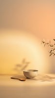 Minimalist ceramic bowl with wooden spoon on wooden surface against warm beige background with soft shadows and dried botanical branches, suitable for wellness and lifestyle design projects.