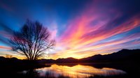 Dramatic sunset sky with vibrant pink and blue clouds reflecting in calm lake water, silhouetted bare tree and mountain range creating peaceful nature landscape.