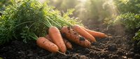 Fresh organic carrots with green tops lying on rich dark soil in sunlight, perfect for healthy eating and farm-to-table cooking concepts.