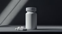 White medicine bottle with scattered pills on gray surface in dramatic lighting with shadows, minimalist pharmaceutical still life composition.