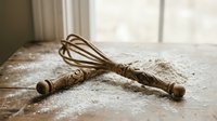 Vintage wooden kitchen whisk with ornate carved handle resting on flour-dusted marble surface near bright window for culinary cooking and baking projects.