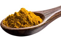 Ground turmeric powder in wooden spoon isolated on white background, bright yellow organic spice used in Asian cuisine and natural medicine.