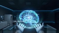 Futuristic holographic brain projection floating above open hands in modern laboratory setting showcasing artificial intelligence and neuroscience technology concepts.