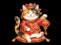 Cute calico cat in red traditional Chinese outfit holding a lantern, sitting on a cushion, isolated on transparent background, for stickers, t-shirts, print on demand.