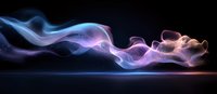 Ethereal flowing smoke waves in pink and blue colors against dark background create mesmerizing abstract light effect pattern with smooth gradient transitions.