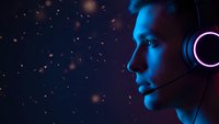 Young male gamer with headset in profile against starry space background with blue and purple neon lighting for esports and gaming content.