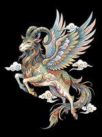 Ornate mythical winged goat with decorative horns, intricate patterns, and flowing mane isolated on transparent background. Ready for t-shirts, stickers, clipart, and print-on-demand designs.