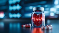 Glass pill bottle with red heart shape and heartbeat line, medical capsules scattered on reflective surface against blurred blue hospital background.