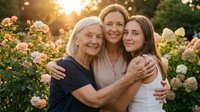 Three generations of women embracing in blooming rose garden during golden hour sunset, grandmother mother daughter family bonding outdoors.