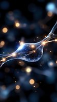 Glowing neuron cell with electrical impulses and synaptic connections on dark blue background with bokeh lights for medical and scientific concepts.