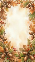 Autumn foliage border frame with oak leaves, acorns, and berries on cream background. Watercolor style design for fall invitations, greeting cards, and seasonal marketing materials.