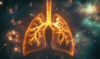 Glowing orange lungs with branching bronchial tree structure against cosmic space background with stars and nebula clouds, medical science visualization.