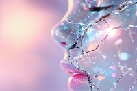Artistic macro shot of female face profile with shattered glass effect, pink and blue gradient background creating dreamy atmosphere with bokeh light effects.