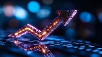 Glowing upward arrow with sparkles and bokeh lights on dark background represents business growth, success and financial progress in markets.