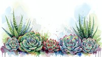 Watercolor succulent garden border with haworthia and echeveria plants in green purple hues on white background for botanical design projects.