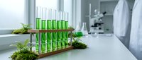 Laboratory test tubes with green liquid samples in modern research facility for scientific experiments and biotechnology analysis.