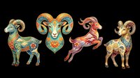Colorful ornamental rams set with floral folk art patterns, isolated on transparent background, ready for stickers, sublimation, t-shirt design, and print on demand use.