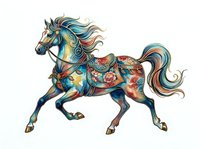 Ornate carousel horse with intricate turquoise, gold, and coral decorative patterns, isolated on white background, ready for design projects.