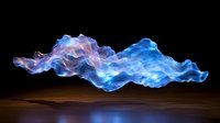 Abstract blue flame energy wave flowing over wooden surface with dramatic lighting effects for digital art and creative design projects.