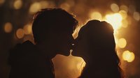 Romantic couple silhouette kissing at sunset with warm golden bokeh lights creating intimate atmosphere for wedding and love concepts.
