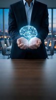 Professional businessman holding glowing brain hologram in modern office representing artificial intelligence, innovation and mental power concepts.