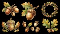 Acorn and oak leaf botanical illustrations isolated on transparent background. Ready for clipart, t-shirt design, stickers, sublimation, print-on-demand products and digital crafts.