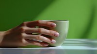 Female hands holding white ceramic cup against green background with soft shadows and minimalist composition for wellness and lifestyle content.