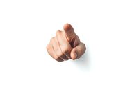 Male hand pointing finger directly at viewer on white background, isolated cutout for business communication and recruitment designs.