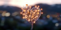 Glowing heart-shaped fairy lights against blurred evening cityscape background create romantic atmosphere for Valentine's Day or wedding decor.
