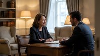 Professional business meeting between mature Caucasian woman and young Asian man discussing documents in elegant office with warm lighting and bookshelves.