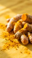 Fresh turmeric roots with golden powder scattered on warm yellow surface creating aromatic spice composition for cooking and natural medicine applications.