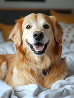 Golden retriever with cream and apricot coat lying on bed, smiling at camera with mouth open. Happy dog portrait for pet care, veterinary, and animal wellness content.