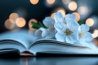 Open book with delicate light blue flowers and bokeh lights, symbolizing knowledge, literature, learning, and imagination for educational and inspirational designs.